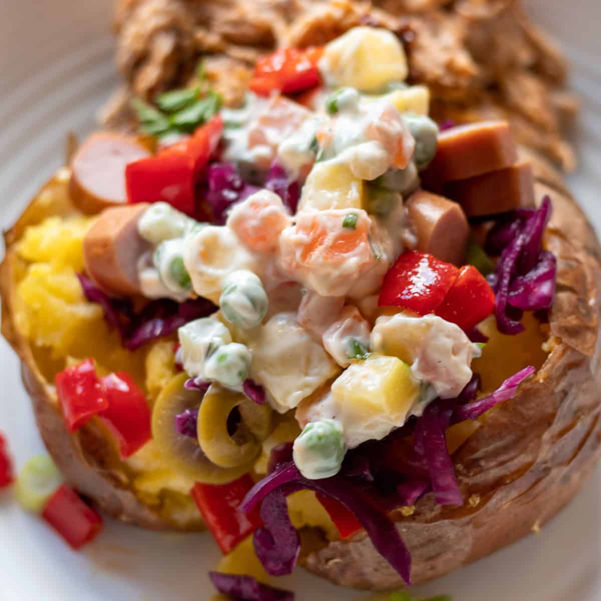 Kumpir, a Turkish loaded baked potato, ready to serve.